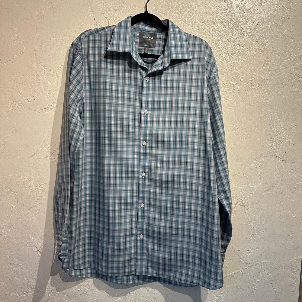 Bonobos Size 17 36 Mens dress Shirt Wrinkle Free Plaid Blue White Office Cotton